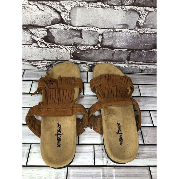 MINNETONKA Daisy Brown Fringe Suede Leather Slides Sandals Women Sz 10M US/41EU - Picture 6 of 16